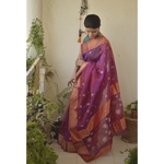 Handwoven Chanderi silk saree with motif border and meenakari bootis