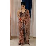 Hand block printed and natural dyed kota doria saree with natural dyed Ajrakh patch work border and tassel.