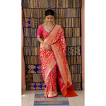 Handloom Katan Banarasi silk saree with woven motifs.