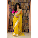 Handwoven kadhwa chiffon Banarasi silk saree with woven motifs.