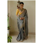 Handloom Metallic linen with inside patch borders in raw silk/satin silk/crepe silk.