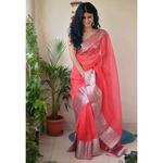 Handwoven organza sheer silk saree with banarasi border.