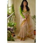 Handblock Printed Kota Silk Saree with handwoven organza natural dyed patch work border.