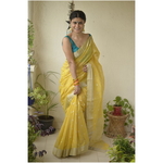 Handwoven Chanderi silk saree with booties motif and jari border