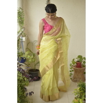 Handwoven Chanderi silk saree with booties motif and jari border