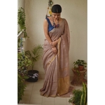Handwoven linen by linen saree with jari pallu.