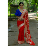 Handwoven kadwa chiffon banarasi saree with jaal work in pallu.