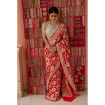 Handloom cutwork georgette khadi silk banarasi saree with silver gold jari motifs.