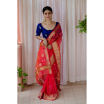 Handloom resham silk with woven jari motifs.