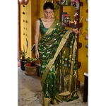 Handwoven Chanderi cotton silk saree with jaal khadiyal jari motif in silver and gold jari motif.