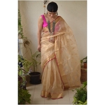 Handwoven Chanderi silk Tissue saree with meena boots motif