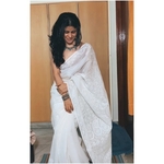 Handembroidered chikankari Kota Doria Saree in white.