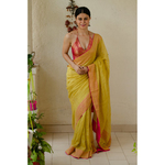 Handloom Metallic linen with inside patch borders in raw silk/satin silk/crepe silk.