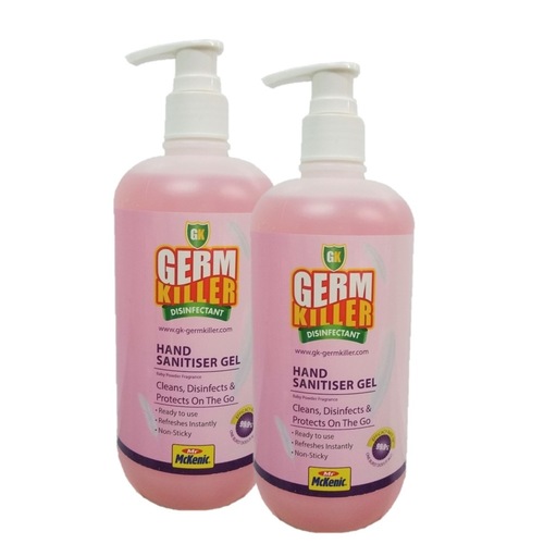 GK-Germkiller Alcohol-Based Hand Sanitizer 500ml Pump Bottle Baby Powder Fragrance x 2. Twin Pack Contains moisturiser to prevent dryness