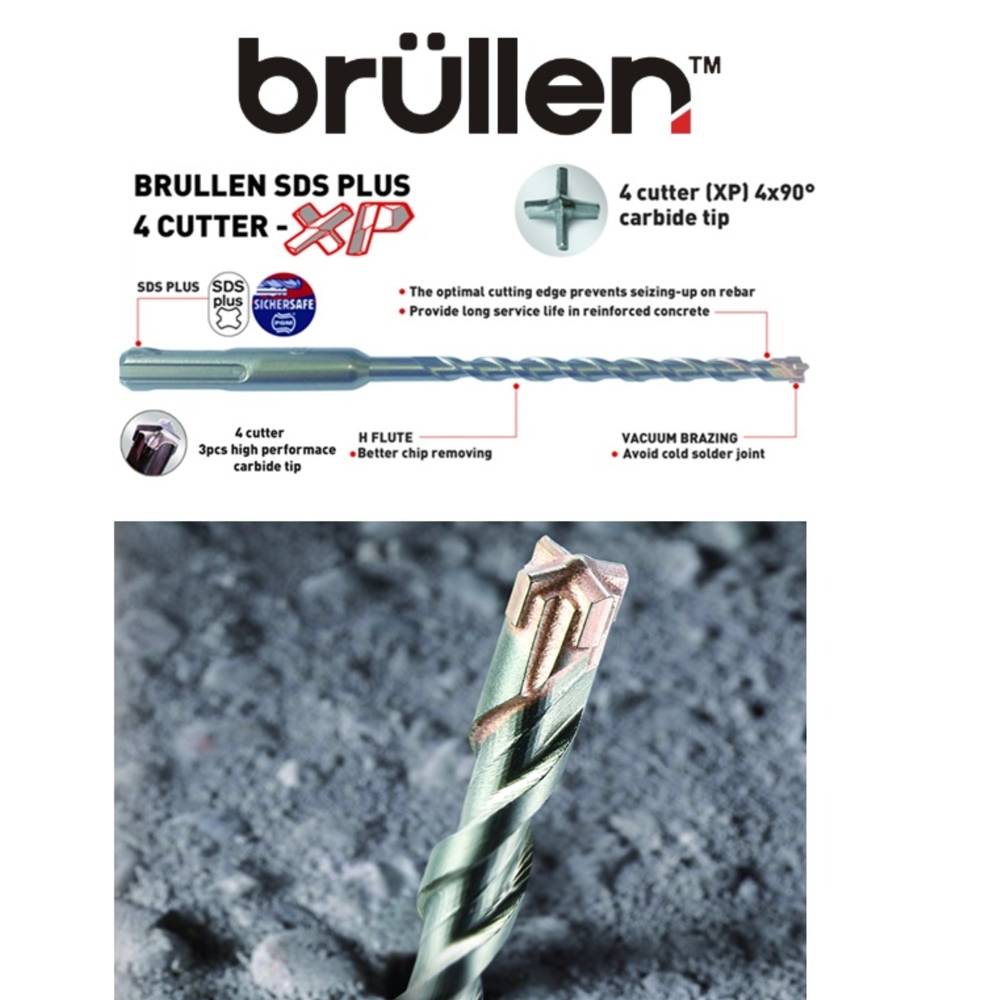 BRULLEN XP 4 CUTTERS  SDS PLUS Concrete Hammer Drill Bit German Carbide