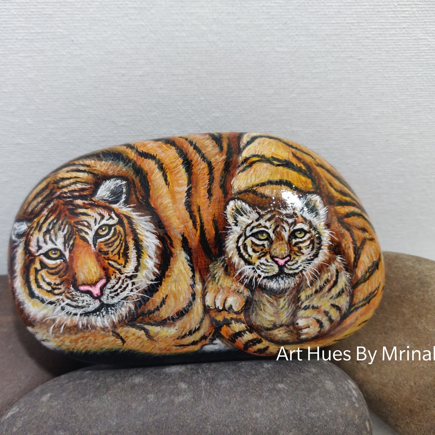 Tiger mother and cub, rock painting, mothers day gift, wildlife souvenir