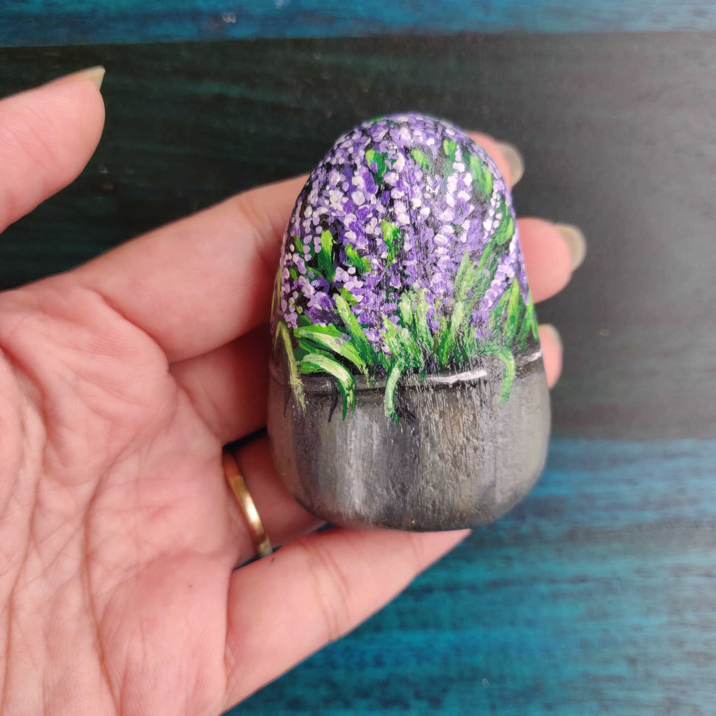 Lavender flowers bucket hand painted rock for gifting,