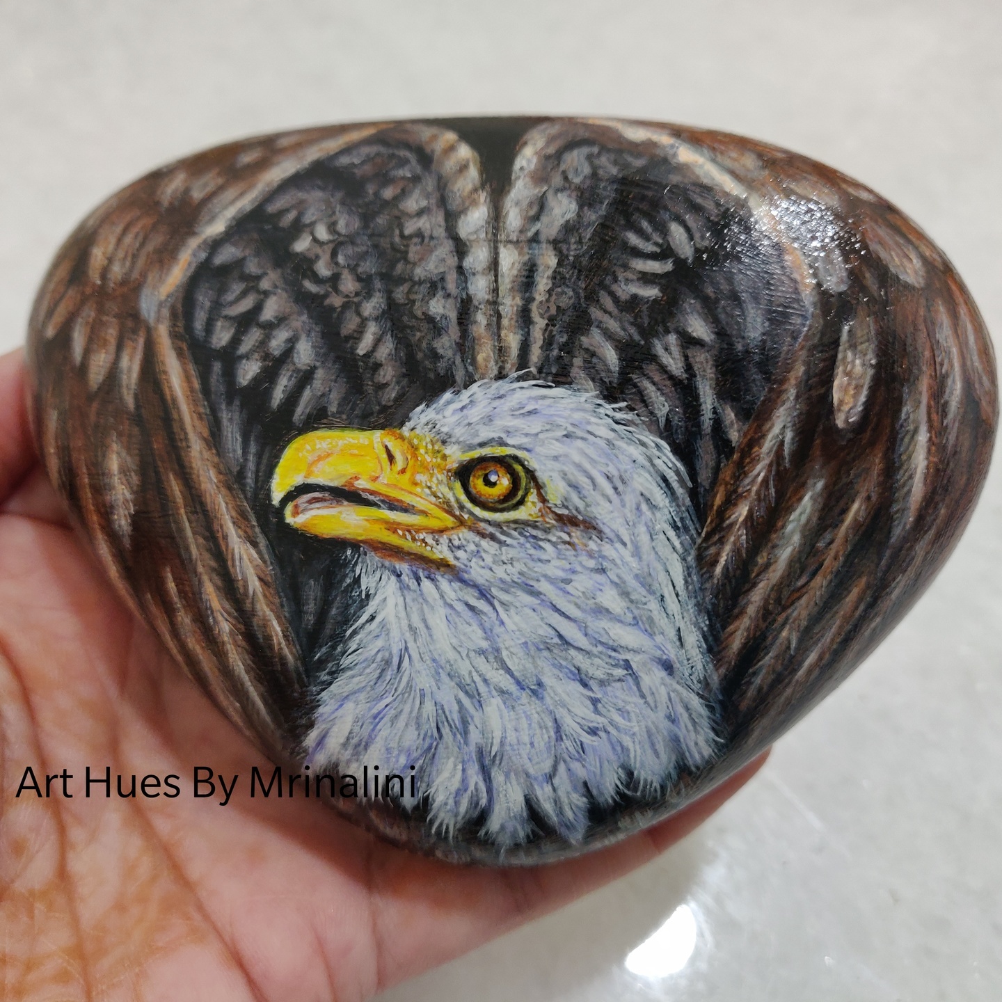American Bald eagle open wings painted stone, hand painted rock, bird art, eagle collectible, paperweight, wildlife art, garden rock