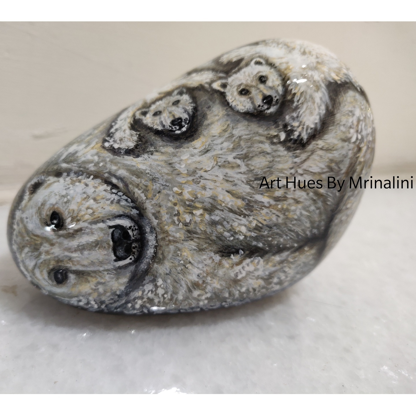 Polar bear mumma and cubs playing in the snow hand painted rock, wildlife art, stone 3D art, paperweights, collectible, decor