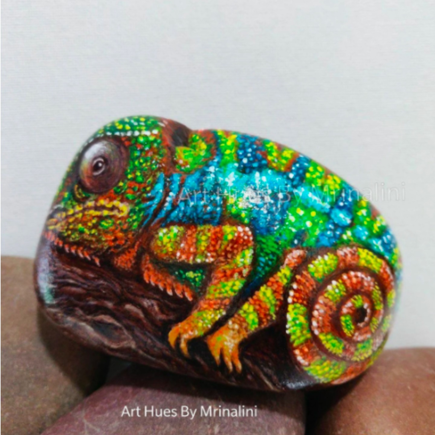Colorful Panther Chameleon Rock painting for reptile lovers
