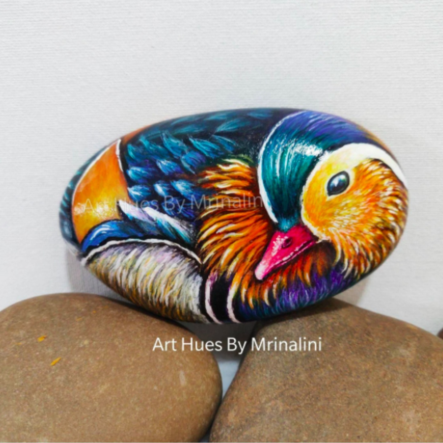 Mandarin Duck Colorful bird Rock painting for bird lovers
