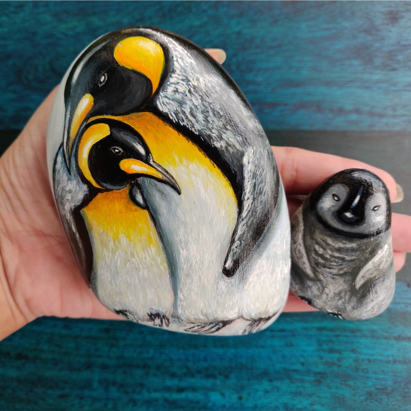 Penguin family hand painted rock painting gift set