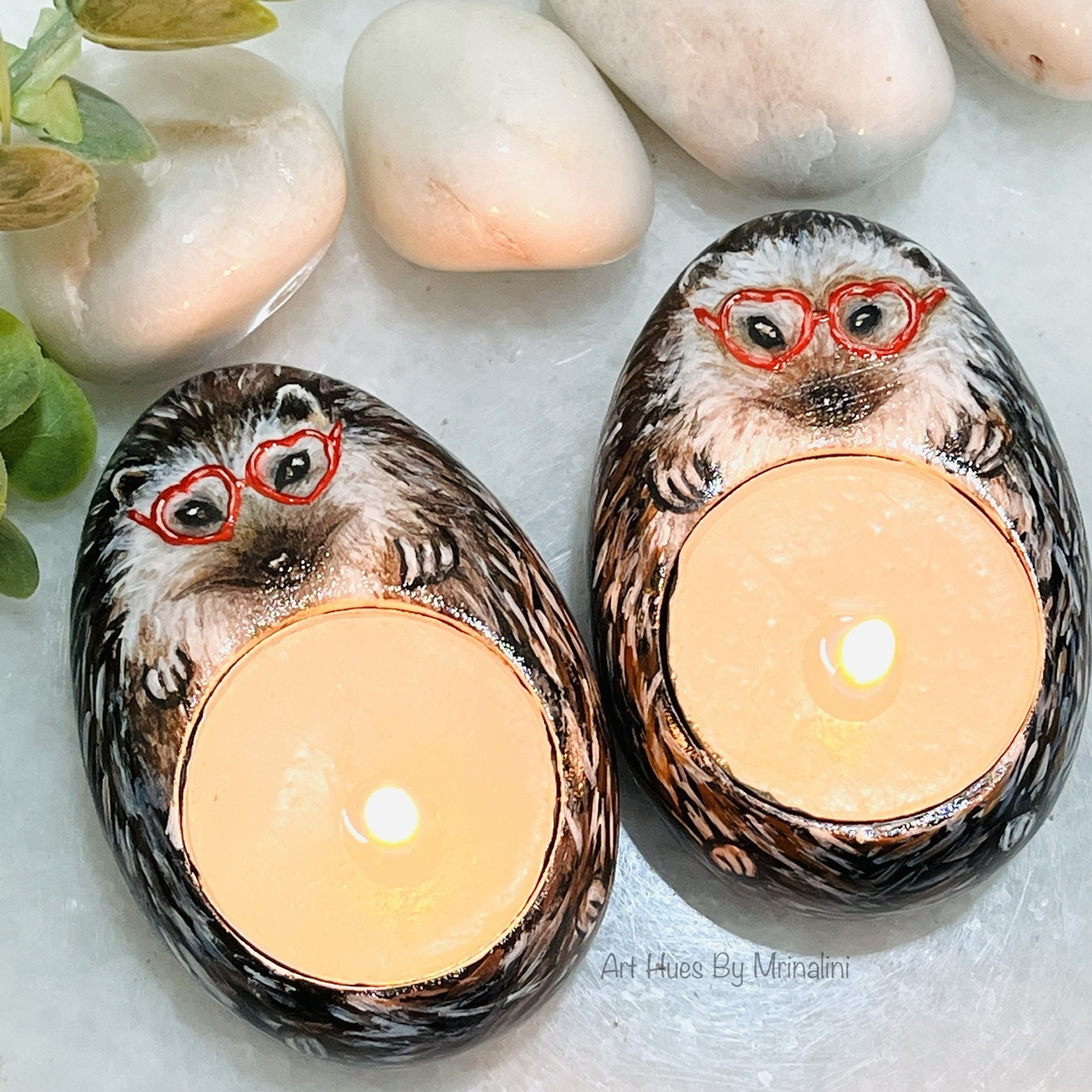 Hedgehogs hand painted wooden tea light holders, cute Valentines Day gift