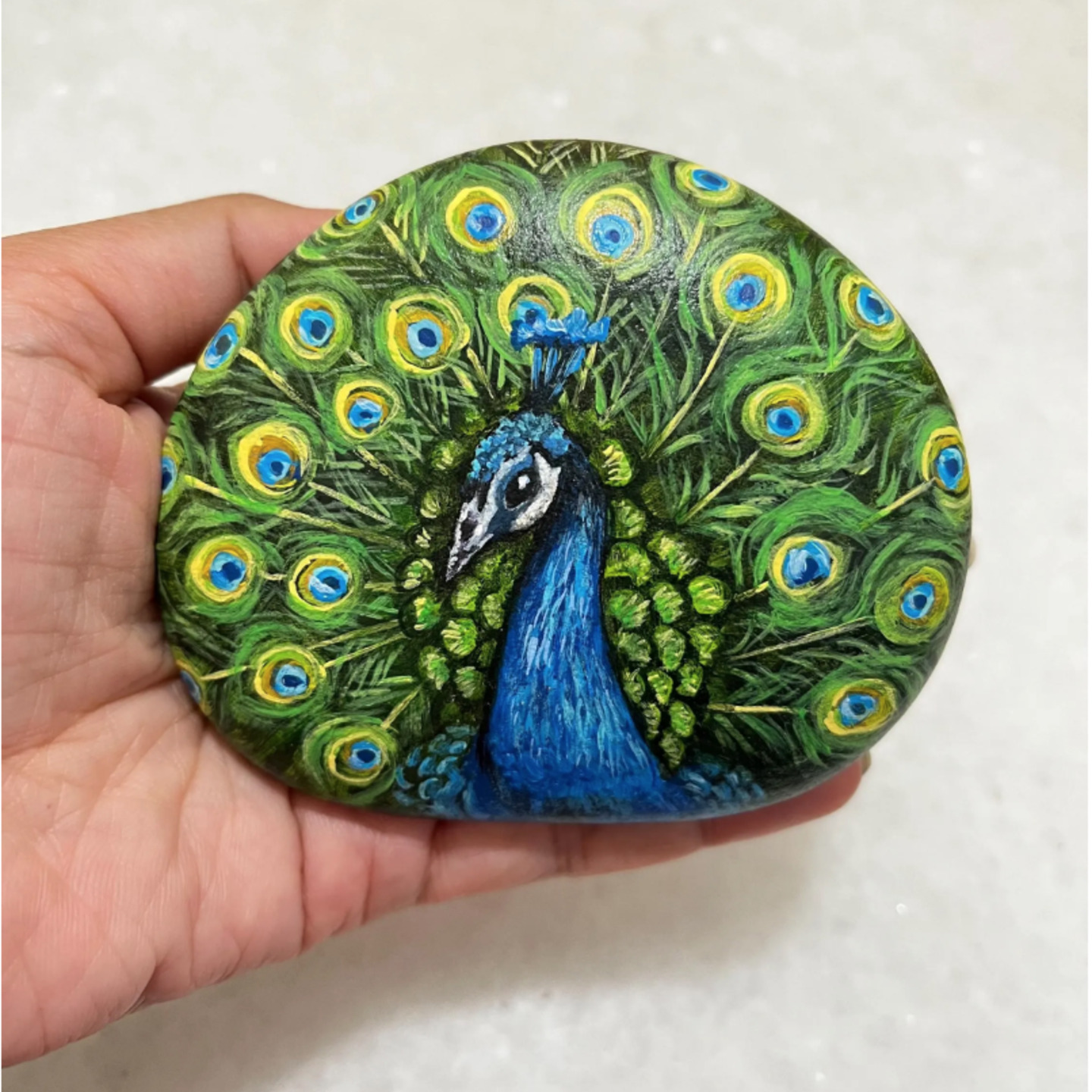 Peacock painted rock, Hand painted stone, peacock stone painting, bird gifts for her, original bird paintings, peacock decorative stone