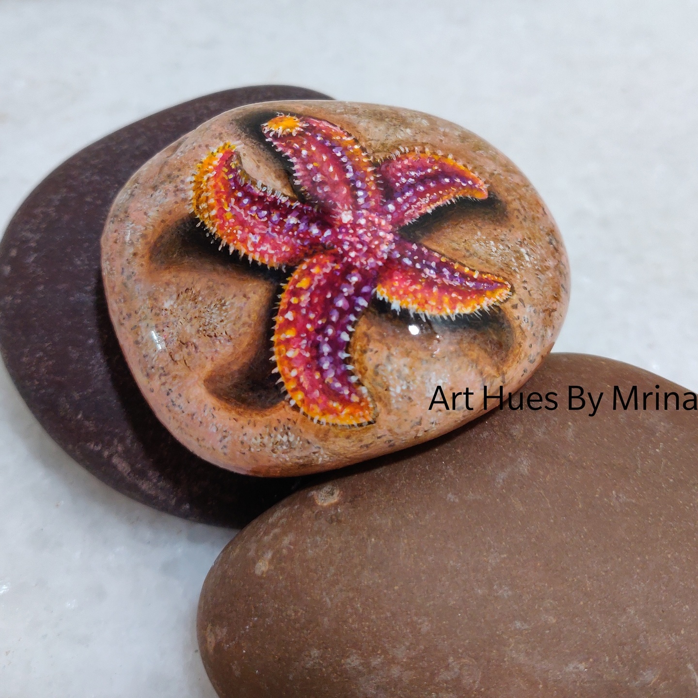 Star Fish in the sand hand painted stone for ocean lovers, paperweight, wildlife art, animal art