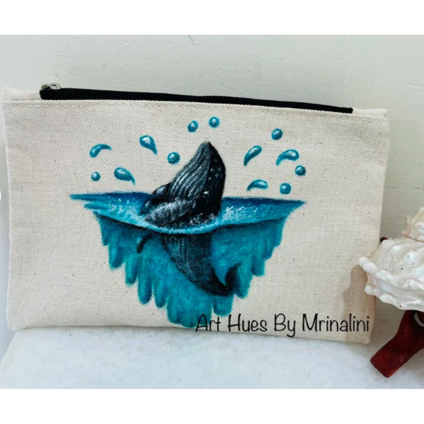 Blue Whale handpainted multi purpose utility pouch, make up kit, stationery case, quirky gifts