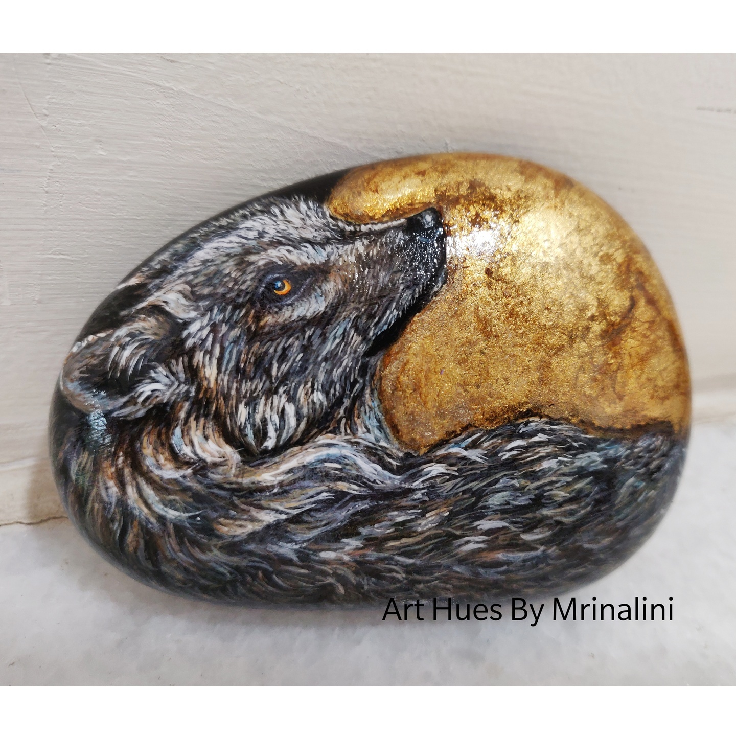 Wolf painting, Full moon, painted rock, woodland, pet rock, acrylic painting