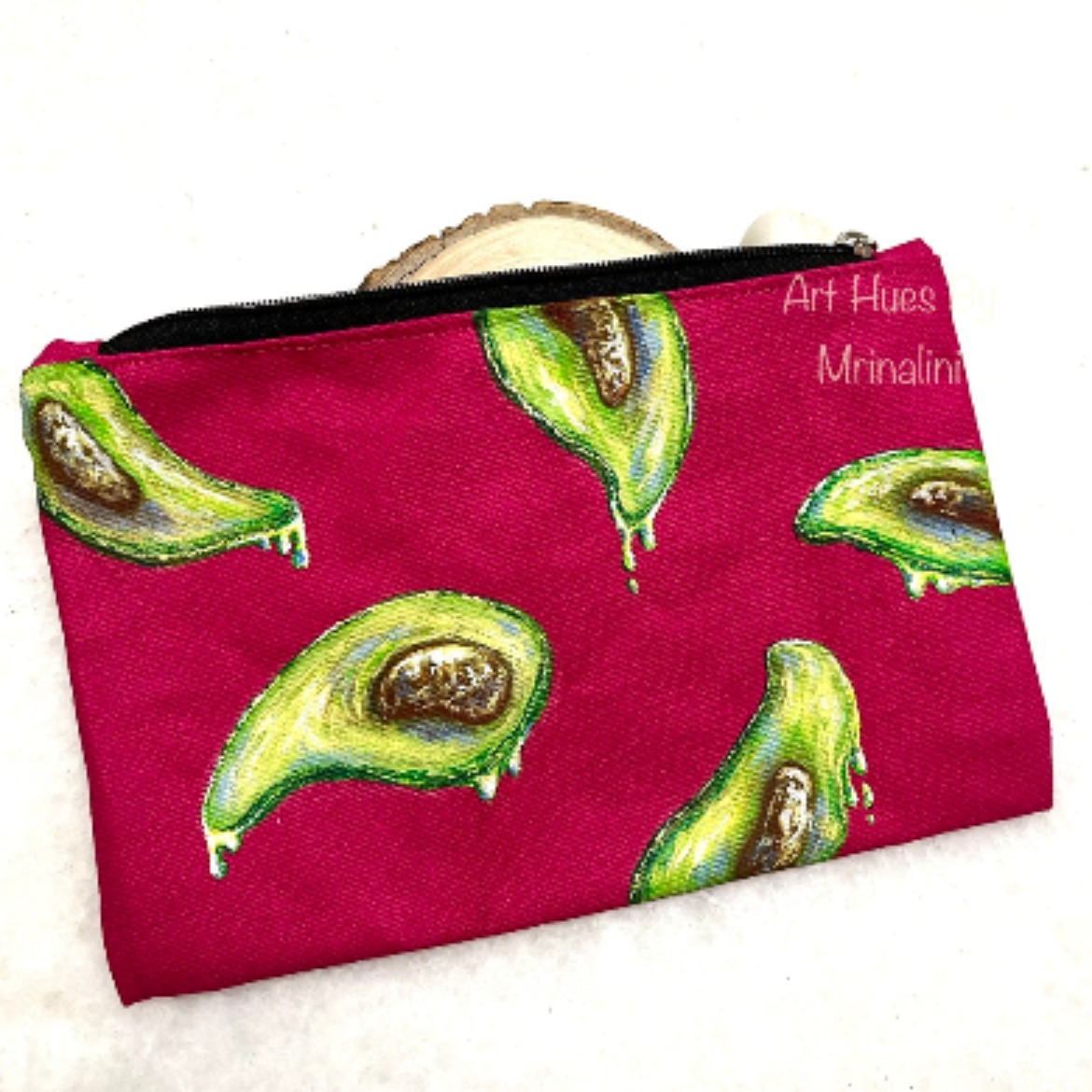 Avocado hand painted multipurpose fabric pouch, Dali inspired quirky melting Avocados
