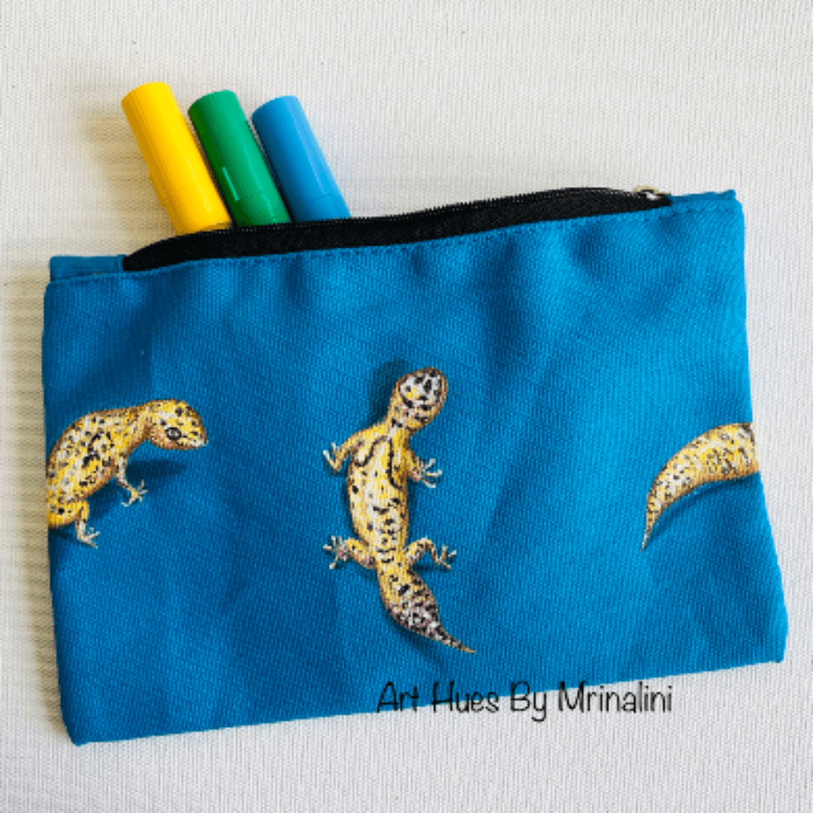 Leopard lizard hand painted on a canvas pouch