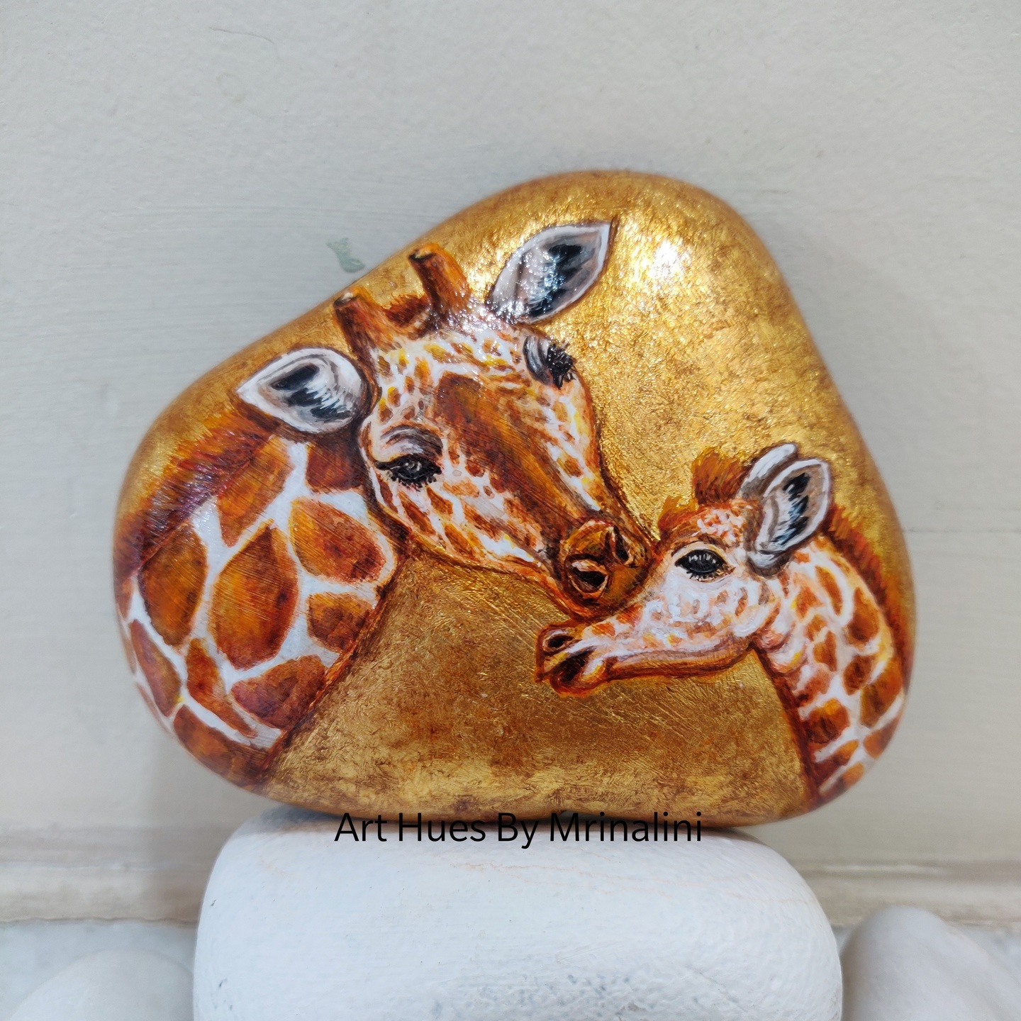 Giraffe, mom & baby, mothers day gift, painted rock, wildlife art
