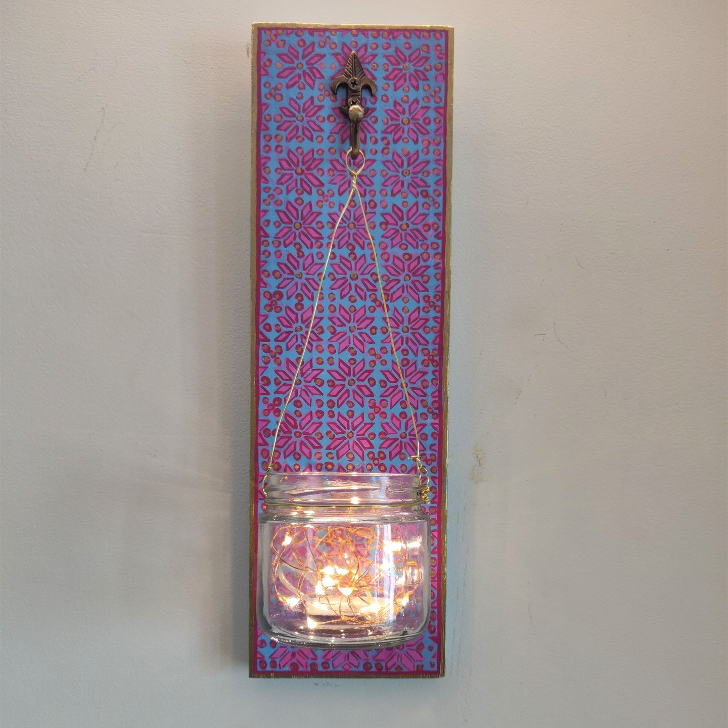Unique Wooden wall decor with a glass jar and LED lights