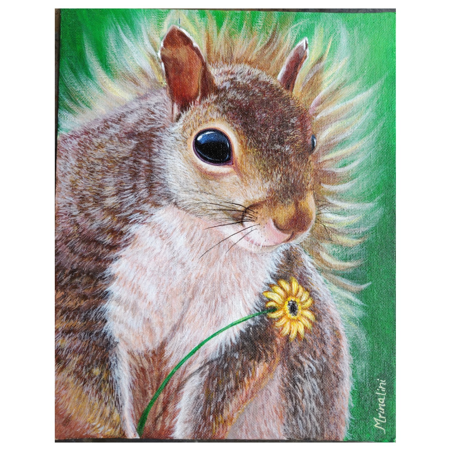 Squirrel portrait with a daisy, Acrylic painting, Original Canvas wall decor, Animal art, Custom animal portraits, Kids room art, Art gift