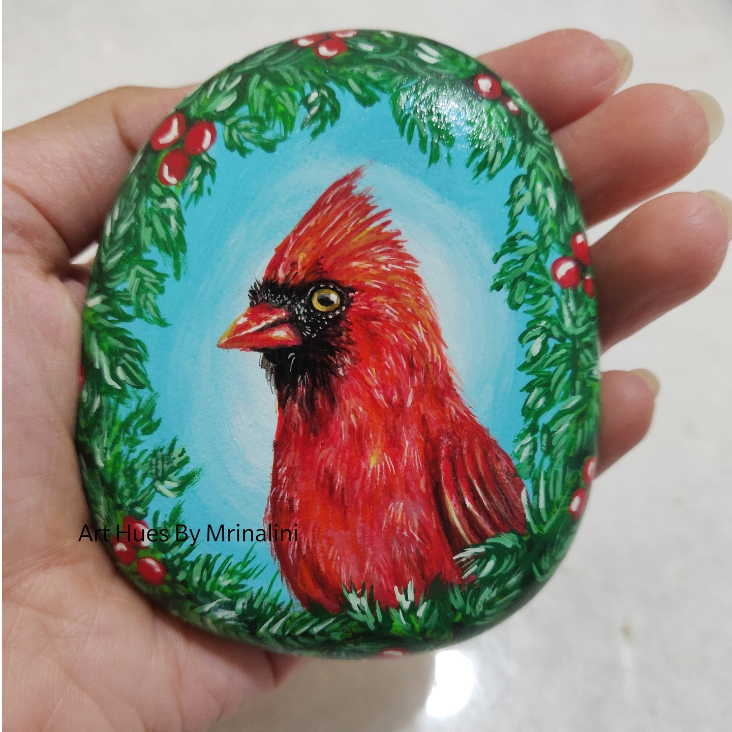 Christmas Cardinal bird hand painted rock, Christmas wreath unique gift, Home decor, Collectible, painted stone, Bird acrylic painting
