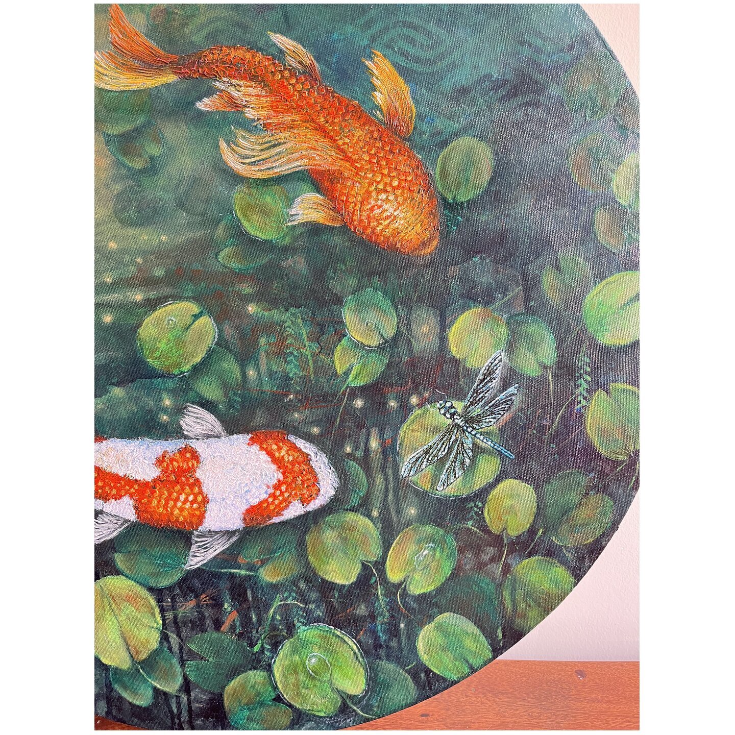 Zen Den- Tranquil Koi fish & the dragon fly painting on round canvas, Good luck wall art for home & office