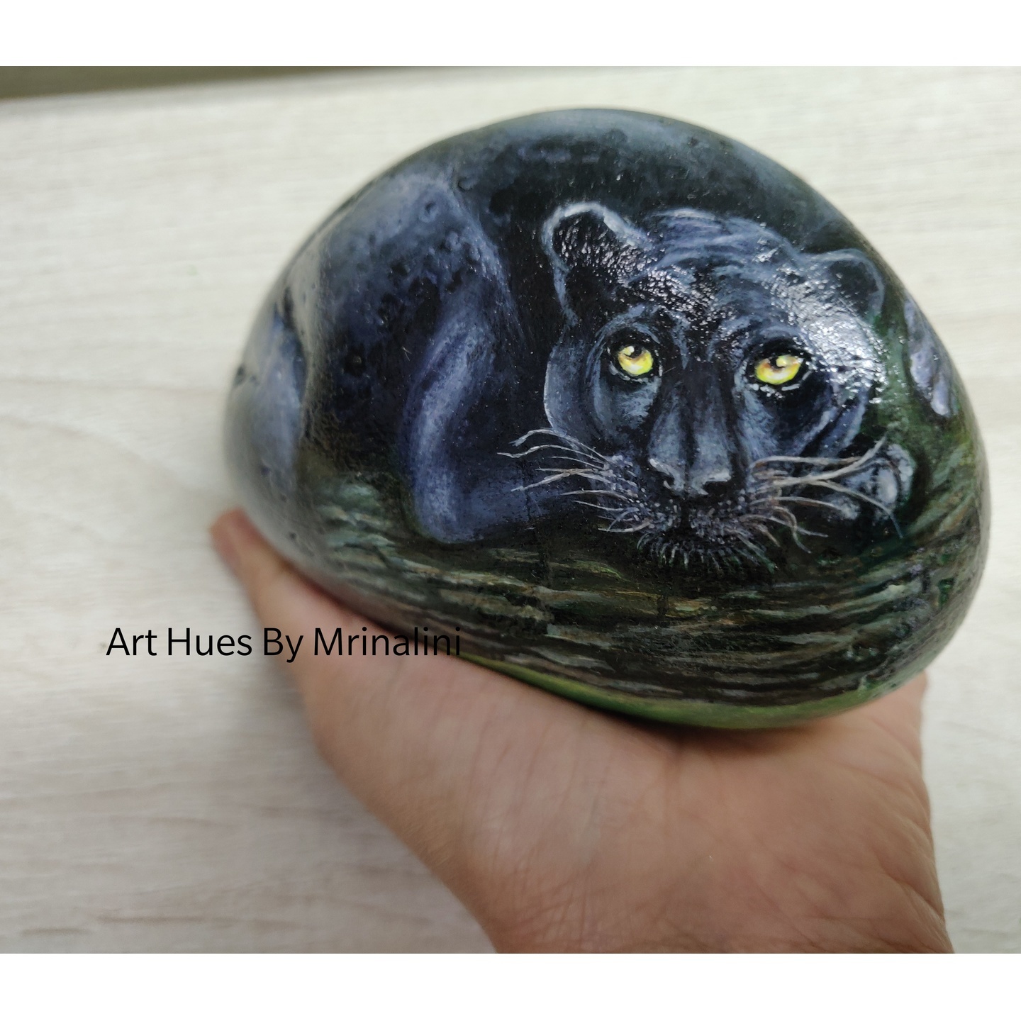 Original Black panther hand painted rock paperweight wildlife art