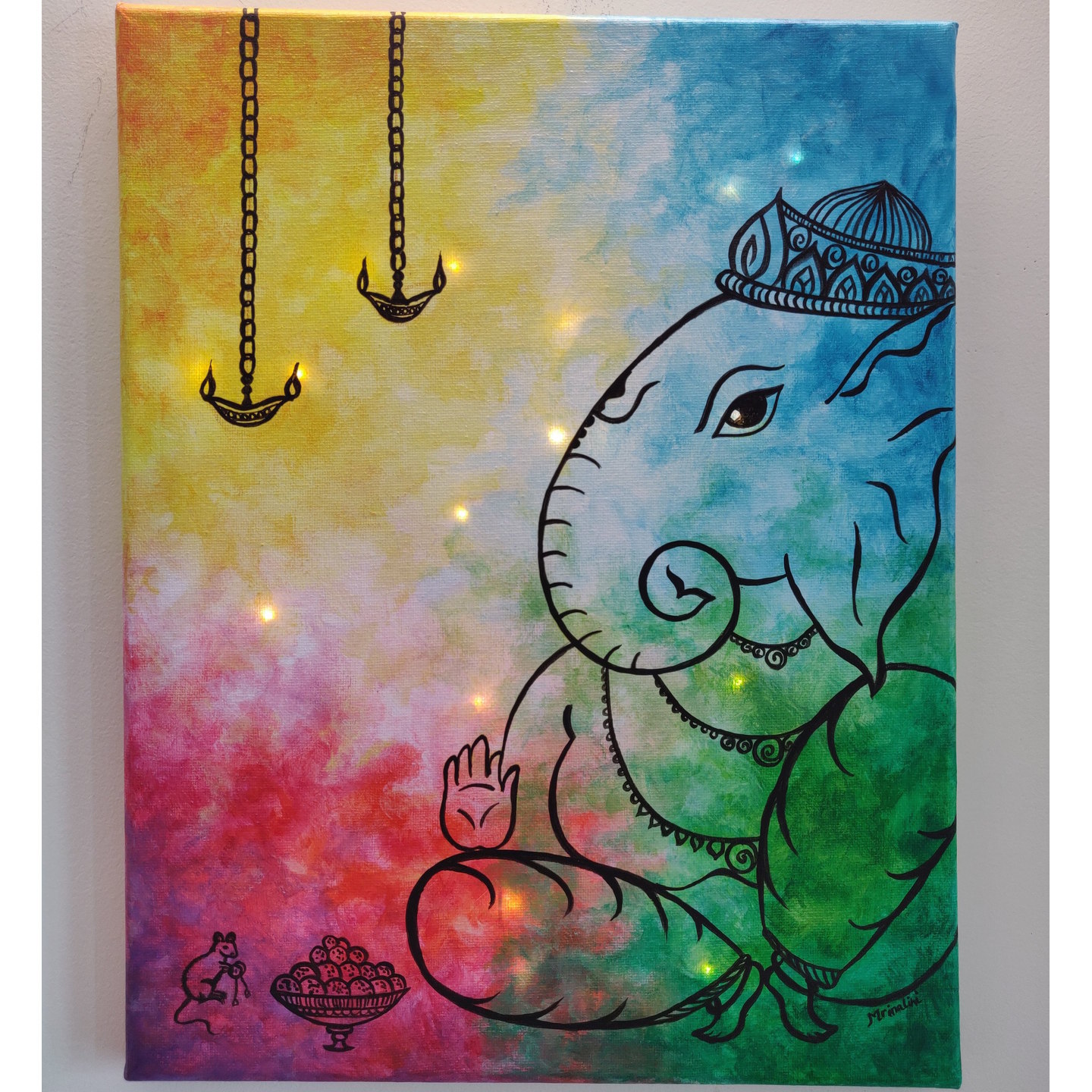 Hand painted Ganesha with lights acrylic painting on canvas Diwali special