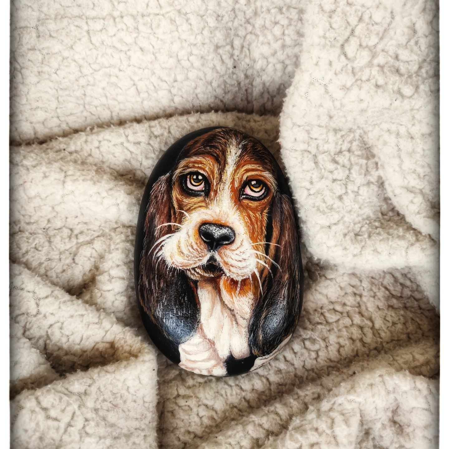 Cute basset hound pet dog animal portrait painted rock