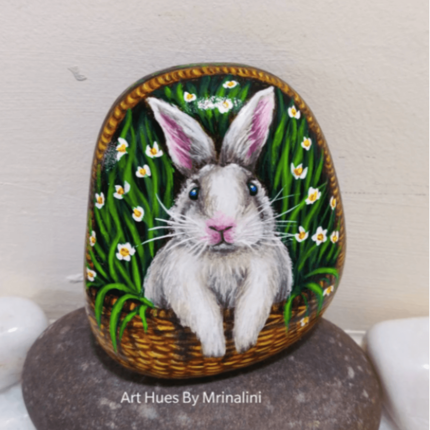 Cute Bunny Rabbit in a basket rock painting