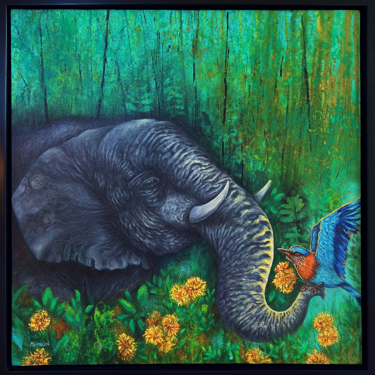 Elephant & Indian Roller bird painting on friendship, abstract realism contemporary wildlife wall art