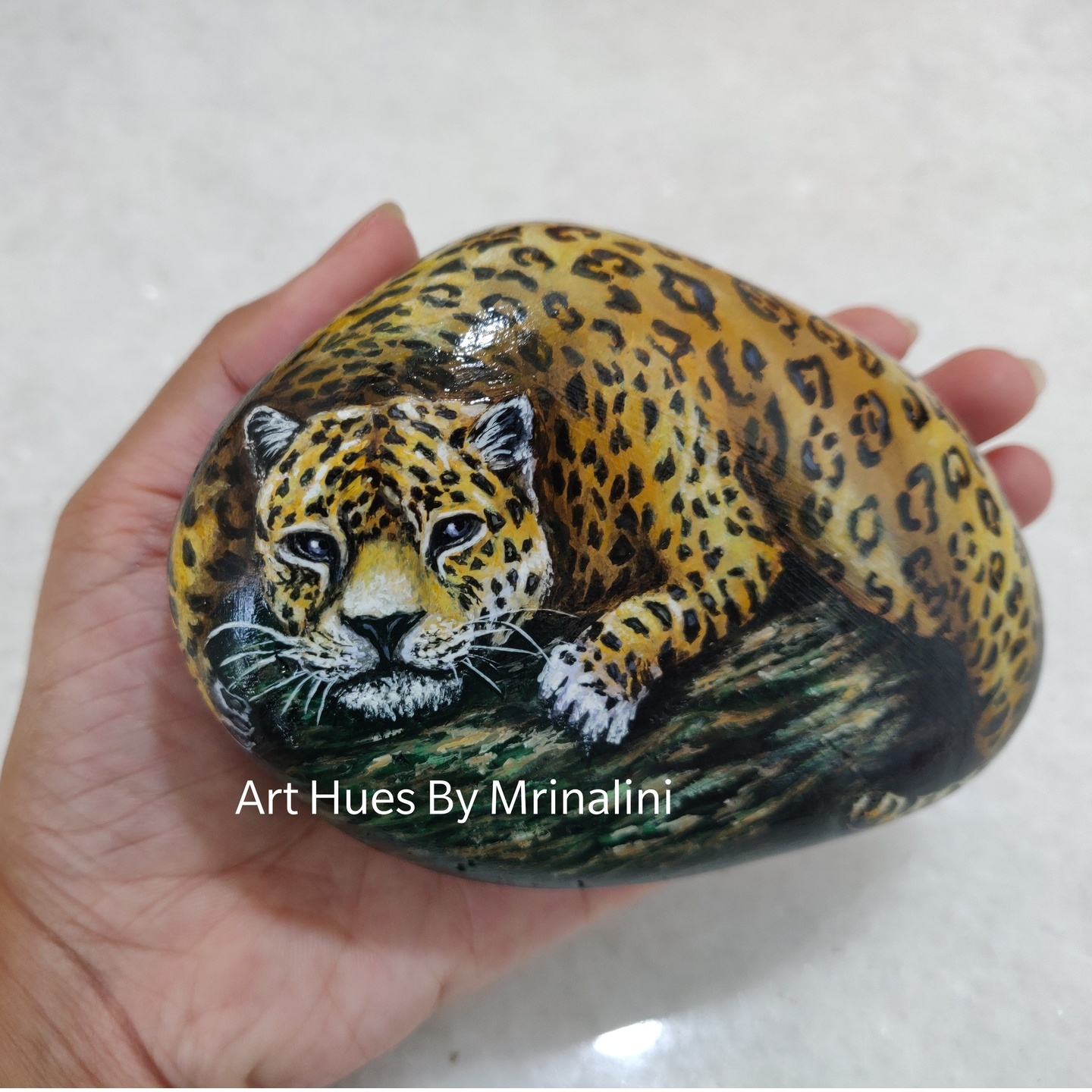 Jaguar hand painted rock art souvenir for wildlife lovers