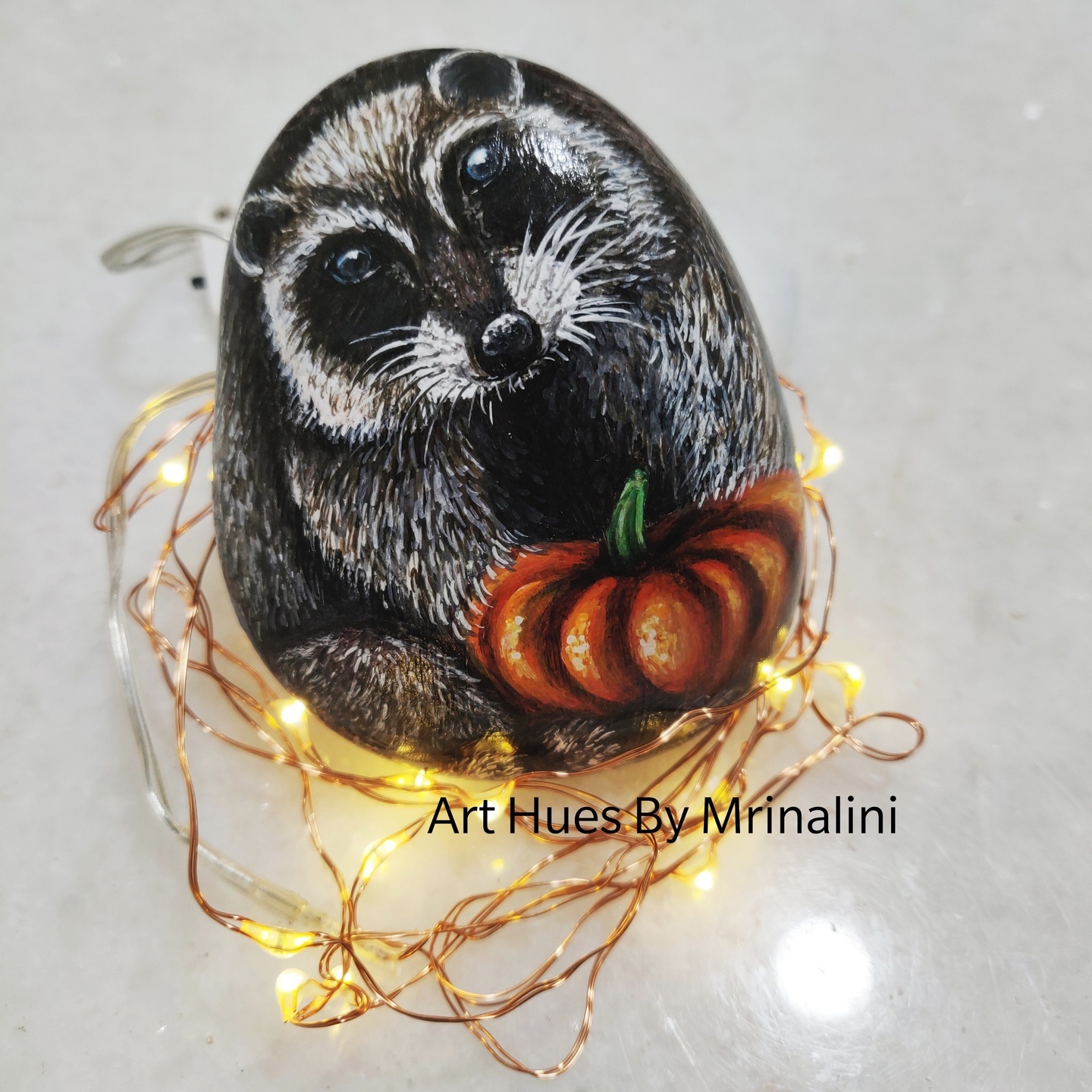 Christmas Raccoon handpainted rock, pet portrait, 3D rock art, Unique gifts, Fall pumpkin art, wildlife collector, animal art, garden rock