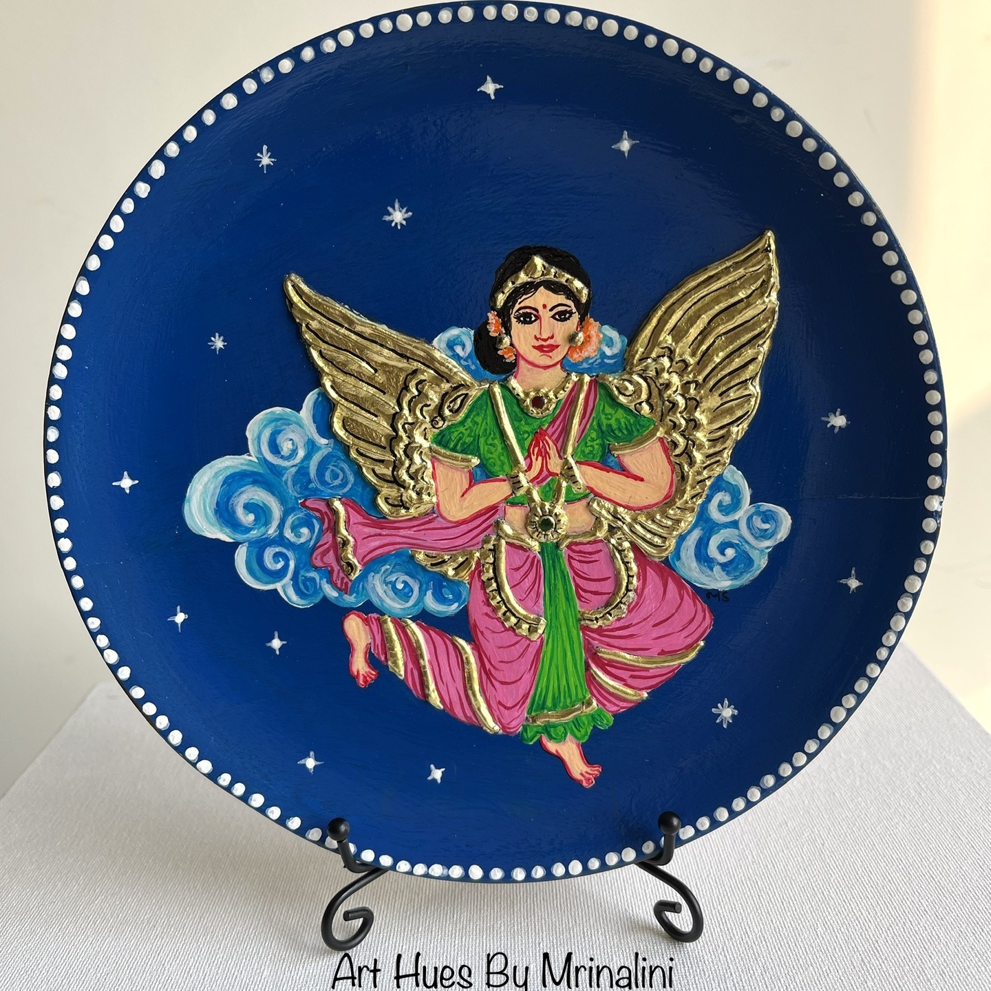 Angel apsara tanjore style 22KT gold embossed solid wood wall plate