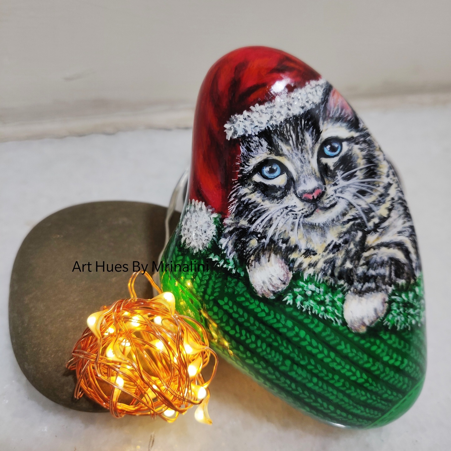 Christmas sock pet cat handpainted rock, Christmas gift, pet rocks, cat art, pet cat rock, painted stones, home decor, Santa pet