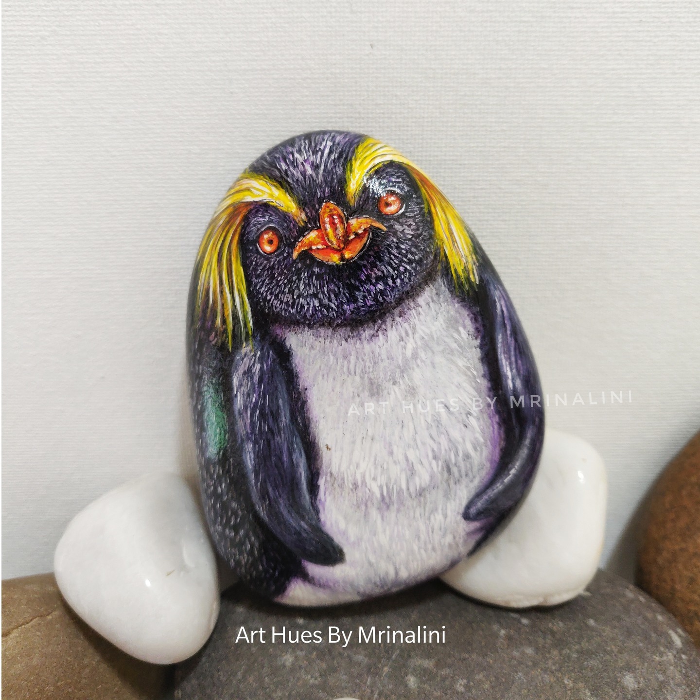 Rockhopper penguin, rock art, unique handmade gifts