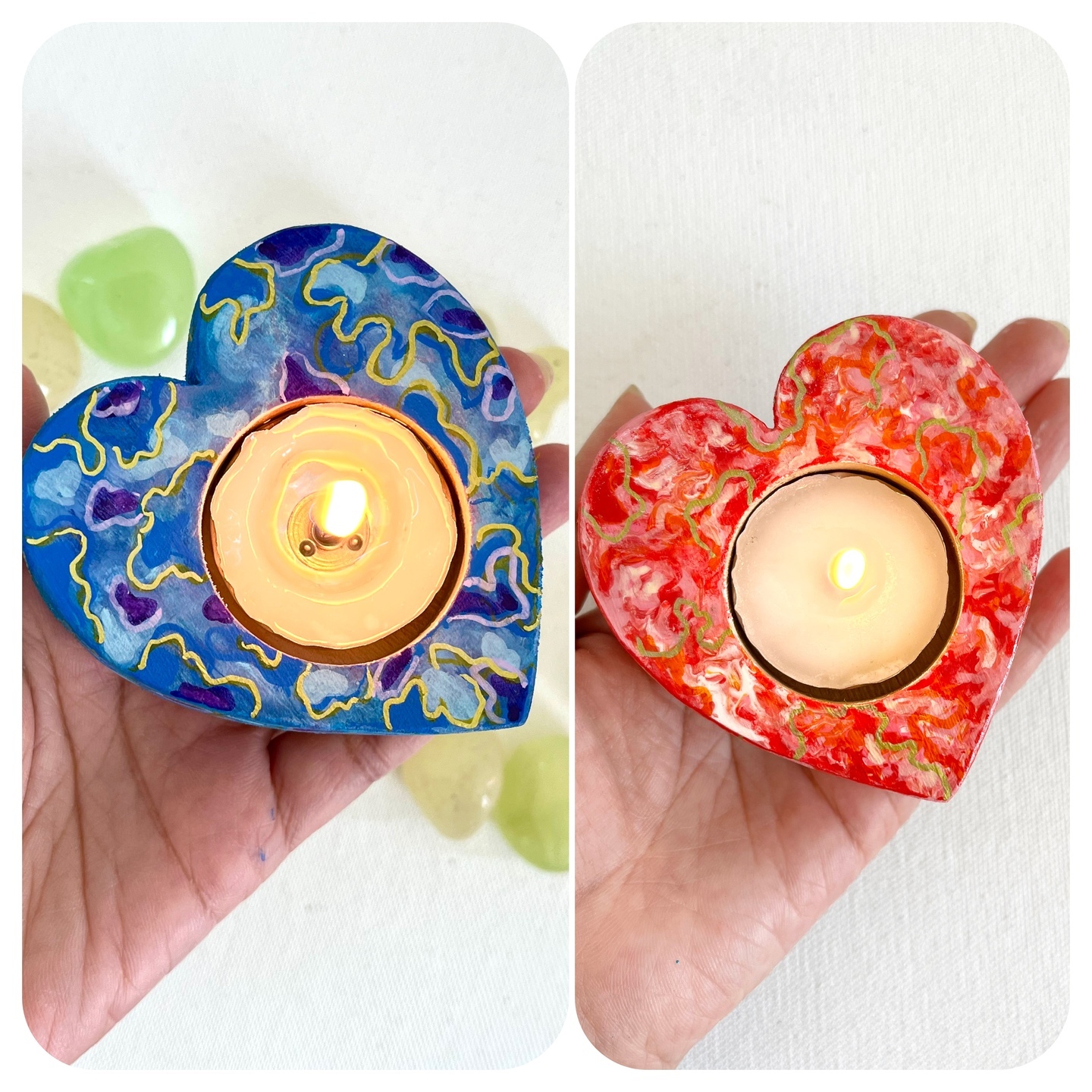 Heart hand painted wooden tea light holders, valentine day gifts