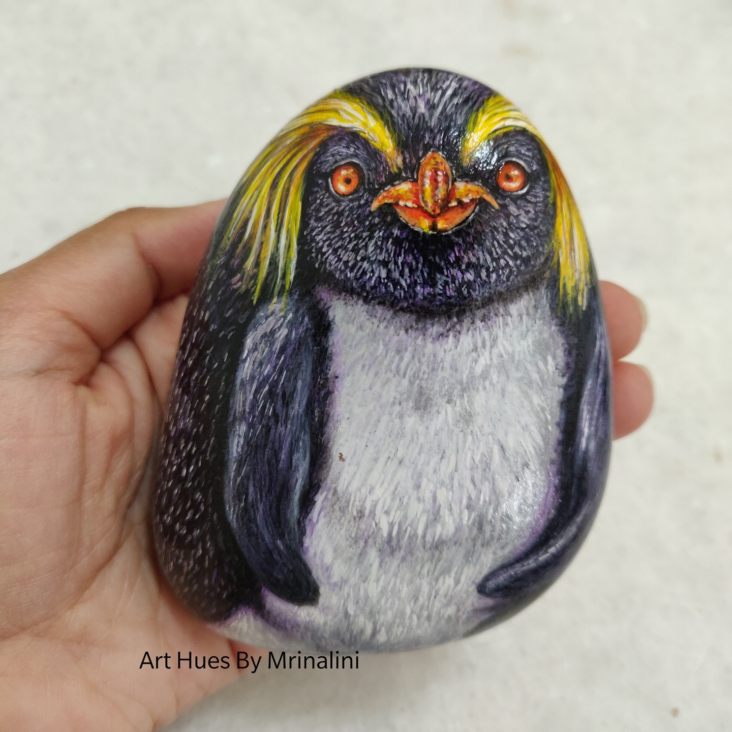 Rockhopper penguin, Hand painted rock, realsitic penguin painting, wildlife souvenir
